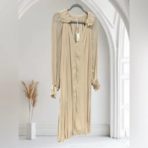 NWT ANTHROPOLOGIE Long Sleeve Sheer Pleated Maxi Dress Neutral‎ XS-M - Picture 7 of 16